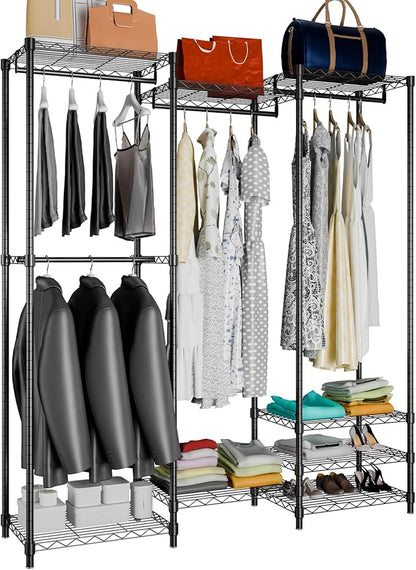 Portable Clothes Rack Max Load 900LBS | Heavy Duty Closet Wardrobe | 68.1" W x 14.6" D x 76.3" H | Freestanding Clothing Rack with 4 Hang Rods & 8 Shelves | Black