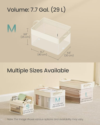 SONGMICS ClosetOrganizers Set of 3, Medium Fabric Storage Baskets, Foldable Organizer with Transparent Nylon Mesh, 15.7 x 11.8 x 9.8 Inches, Handles, for Bedroom, Living Room, Cream White URFB940W01