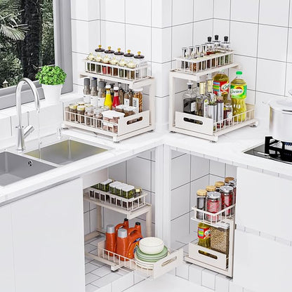Toyear Under Sink Organizer, Heavy Duty Metal Pull Out Cabinet Organizer Slide Out Sink Shelf Organizer Height Adjustable, Multi-Purpose Storage Shelf for Kitchen Bathroom(Sand,1Pack)