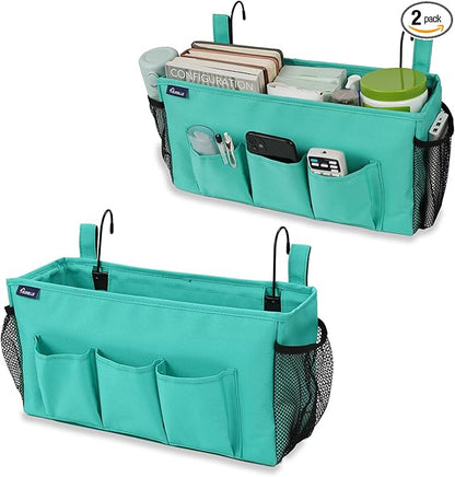 Surblue Bedside Organizer with Hook Hanging Storage Bag with Adjustable Strap and Water Bottle Holder for Home, College Dorm, Hospital Accessories, Crib Bed Rail, Green, 2PCS