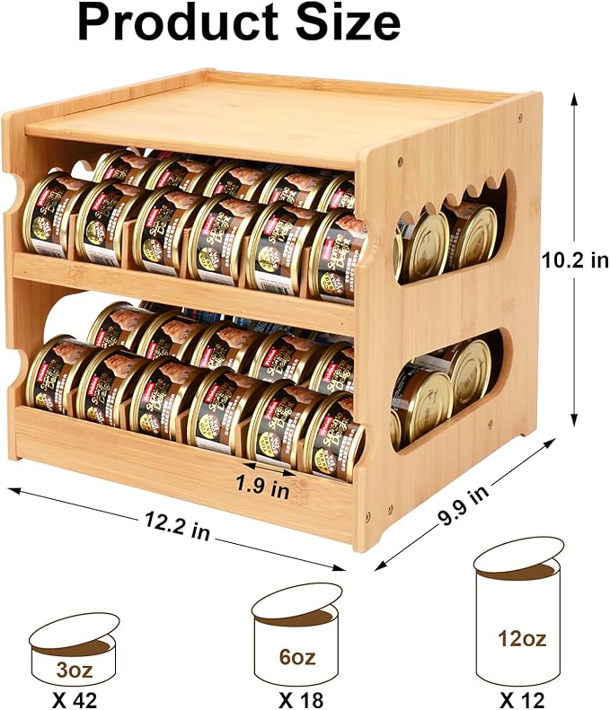 PLITTPETTS Bamboo Can Organizer for Pantry, 2 Tier Bamboo Pantry Organizer for Kitchen Counter, Cat Food Storage Holds Up to 36 Cans, Can Rack Organizer for Human and Pet Food Cans, FIFO Design
