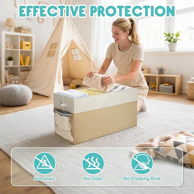 BALEINE Fabric Storage Bins with Lid, Collapsible Extra Large Storage Boxes Bins Baskets with Divider for Home Organizing (25"x13"x16", Khaki&Beige)