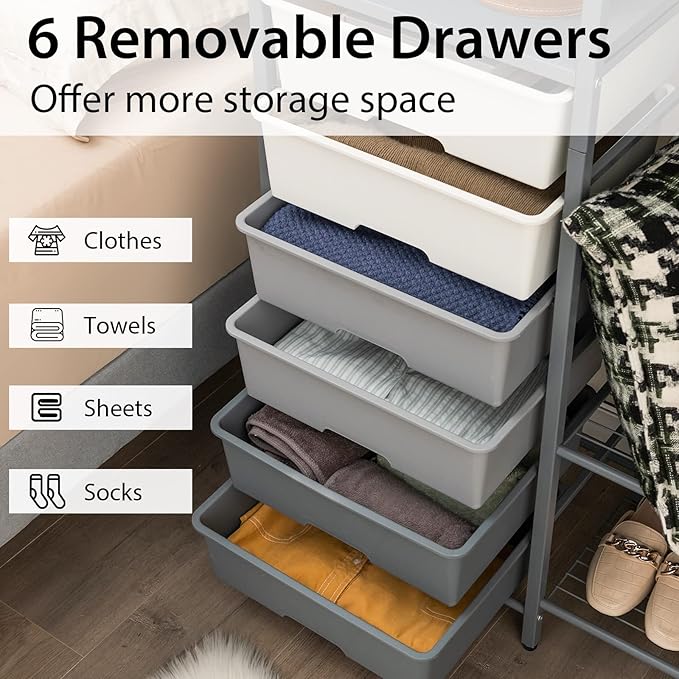 Tangkula Heavy Duty Clothes Rack with 6 Removable Drawers, 3-Tier Open Shelves & 2-Tier Metal Shoe Rack, Side Hook, Garment Rack with Adjustable Feet, Freestanding Closet Organizer for Closet, Bedroom