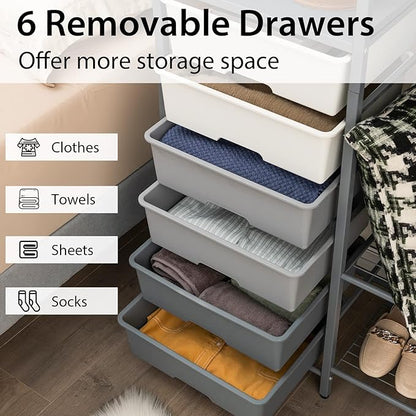 Tangkula Heavy Duty Clothes Rack with 6 Removable Drawers, 3-Tier Open Shelves & 2-Tier Metal Shoe Rack, Side Hook, Garment Rack with Adjustable Feet, Freestanding Closet Organizer for Closet, Bedroom