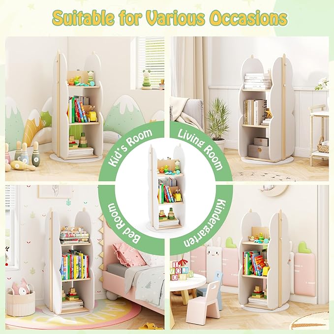 HONEY JOY Kids Rotating Bookshelf, Wooden Spinning Small Corner Organizer, 360°Display Standing Toddler Bookshelf, Narrow Storage Rack, Montessori Book Shelf for Nursery, Classroom, Playroom, Bedroom