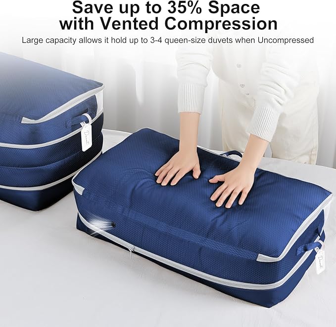 Easortm Comforter Storage Bag - Large Capacity Bedding Storage Bags Ultra Space Saving Self Compression Organizer, Washable Compression Bags for Storage Comforter Blanket Duvet, 4-Pack, Navy Blue