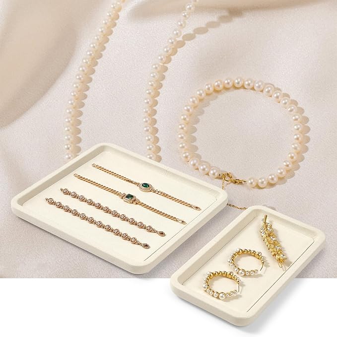Woodten Microfiber Jewelry Display Flat Tray for Rings Earrings Necklace Bracelet, Jewelry Photograph Display Catchall Organizer Tray Dish(S,Beige)