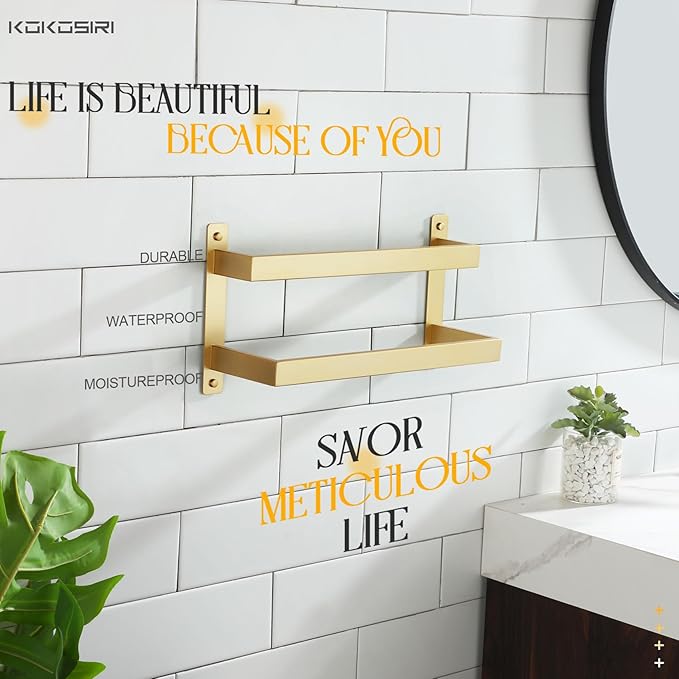 KOKOSIRI 16'' Towel Bars Bathroom 2-Tiers Ladder Brushed Gold Towel Rails Towel Holders Wall Mounted Towels Shelves Rack Stainless Steel, B5008BG-L16