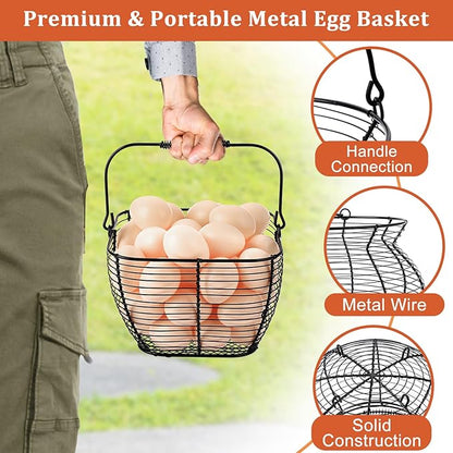 2 PCS 7" Black Square Wire Egg Baskets for Fresh Egg With Handle, Small Metal Collecting Basket for Gathering Fresh Eggs, Chicken and Duck Eggs Hunting Basket Egg Holder Countertop