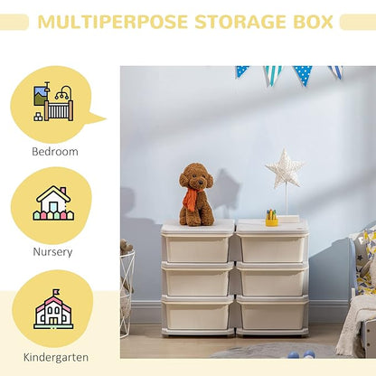 Qaba 3 Tier Kids Storage Unit, Toy Organizers and Storage with 6 Drawer Chest for Kids Bedroom Nursery Kindergarten Living Room for Boys Girls Toddlers, Cream White