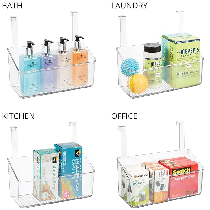 mDesign Plastic Over Cabinet Door Storage Organizer Bin for Kitchen, Pantry, Bathroom, Laundry, Utility Room - Hang Outside or Inside Door - Holds Lunch Bags, Shampoo, Cleaning Supplies, Large - Clear