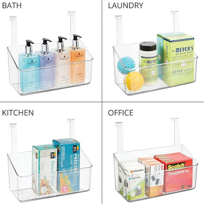 mDesign Plastic Over Cabinet Door Storage Organizer Bin for Kitchen, Pantry, Bathroom, Laundry, Utility Room - Hang Outside or Inside Door - Holds Lunch Bags, Shampoo, Cleaning Supplies, Large - Clear