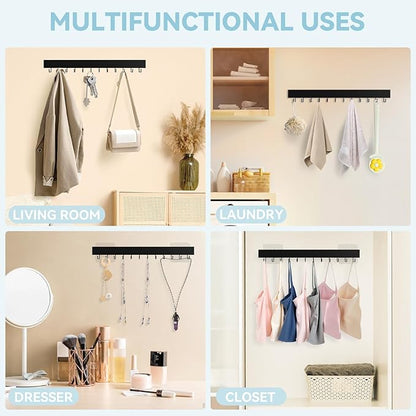 HOMEBROS Tie Rack Wall Mount, Adhesive Wooden Closet Tie Hanger with 24 Metal Hooks, Large Capacity, 2 Installation Options, Black, 2 Pcs