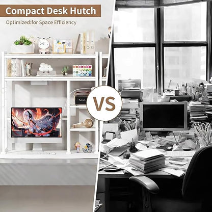 Aetheris Desktop Organizer Shelf, 30" Wooden Office Storage Rack with Outlets, Display Shelf Rack with Light Strip, 5 Tier Desktop Display Rac, Desk Shelf, Desk Hutch for Computer Monitor (White)