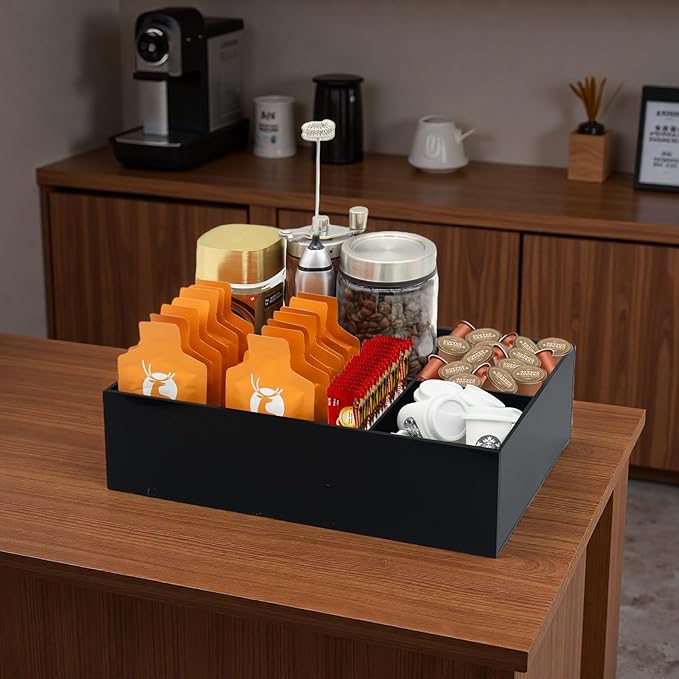 Coffee Station Organizer for Countertop, Removable Dividers Coffee Bar Accessories for Storage Sugar Packets Tea Bags, Black