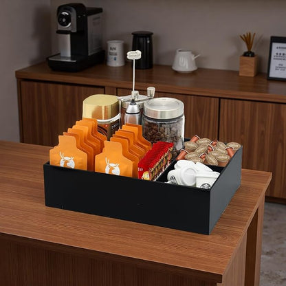 Coffee Station Organizer for Countertop, Removable Dividers Coffee Bar Accessories for Storage Sugar Packets Tea Bags, Black