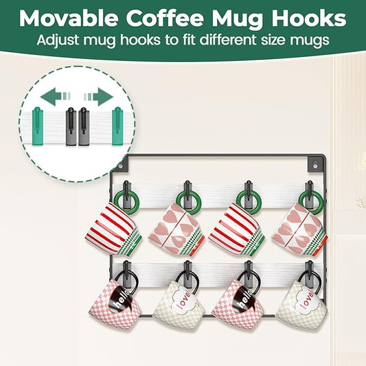 EsLuker.ly Mug Holder Hanger Rack Wall Mounted Wooden 3 Pack Coffee Cup Storage Organizer Display Shelf with 24 Removable Plastic Hooks, Ideal for Mug Collectors, White-Black