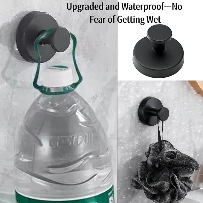 2Pcs Suction Cup Shower Hooks Matte Black Towel Hooks, No-Drill Waterproof Towel Hooks for Bathroom Glass Window Door Can Hang Various Towels Bath Towels Keychains