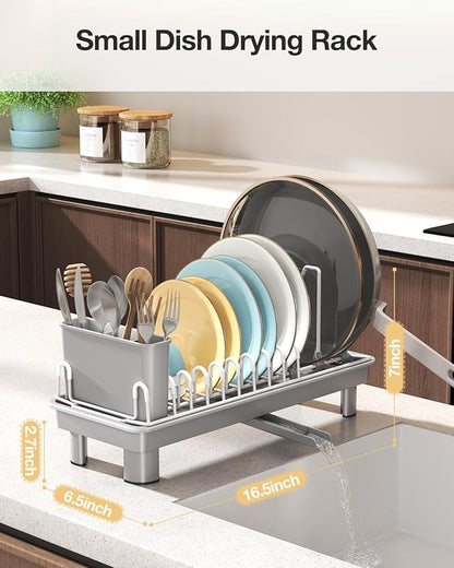 Nfnoyp Dish Rack, Carbon Steel Small Dish Drying Rack Rustproof for Kitchen Counter, Compact Space-Saving Dish Drainer with Adjustable Slots for Small Kitchens & Apartments, 16.5×6.5×7inch, Grey