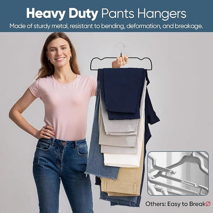 UEAKPIC Black Rubber Coated Metal Pants Hangers 20 Pack with Shoulder Notches, Non-Slip, Heavy Duty, Space Saving Closet Organizer for Slacks, Scarf, Ties, Includes 4 Magic Hangers and 10 Hooks