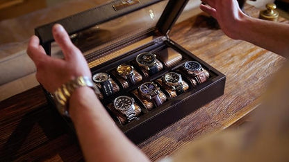 HOUNDSBAY Mariner Watch Box for Large Watches, PU Leather Watch Organizer, Black Carbon Fiber Watch Case Box Men