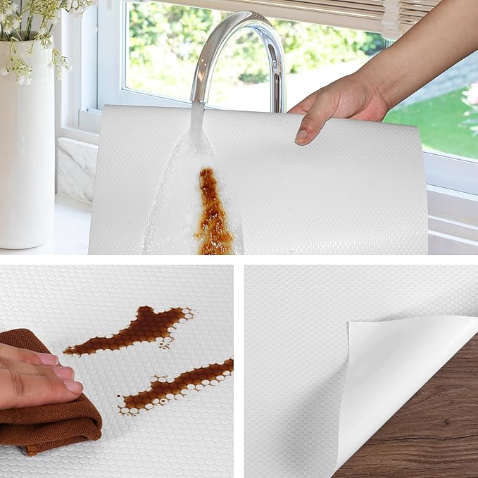 White Shelf Liners for Kitchen Cabinets Non Adhesive Drawer Liner for Bathroom Waterproof Refrigerator Liners for Shelves Fridge Plastic Mats Cabinet Cupboard Liner 17.5 x 393.7 Inches