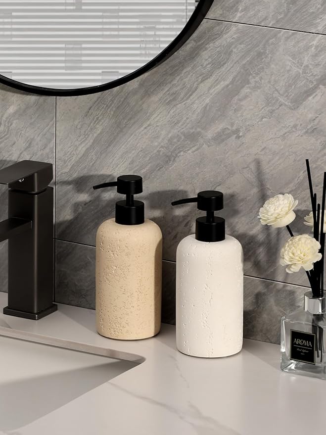 Haocoott Soap Dispensers 400mL 13.5 OZ, 2 PCS Luxurious Hand Dish Lotion Shampoo Soap Dispenser Jar, Travertine Soap Pump Bottles for Kitchen Bathroom Countertop (Cream)