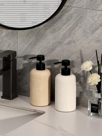 Haocoott Soap Dispensers 400mL 13.5 OZ, 2 PCS Luxurious Hand Dish Lotion Shampoo Soap Dispenser Jar, Travertine Soap Pump Bottles for Kitchen Bathroom Countertop (Cream)