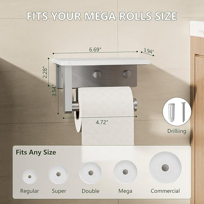 Marble Toilet Paper Holder with Shelf, Evolvegoods Brushed Nickel Bathroom Toilet Paper Holder Wall Mount, 304 Stainless Steel Modern Toilet Paper Roll Holder Storage Tissue Holder