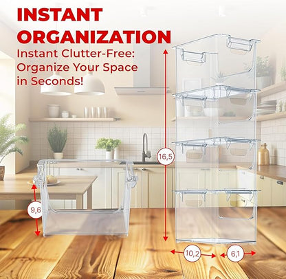 TidyFriend Stackable Storage Bins for Pantry - 4 Pack Stackable Bins for Organizing Food, Kitchen, and Bathroom Essentials (Clear)
