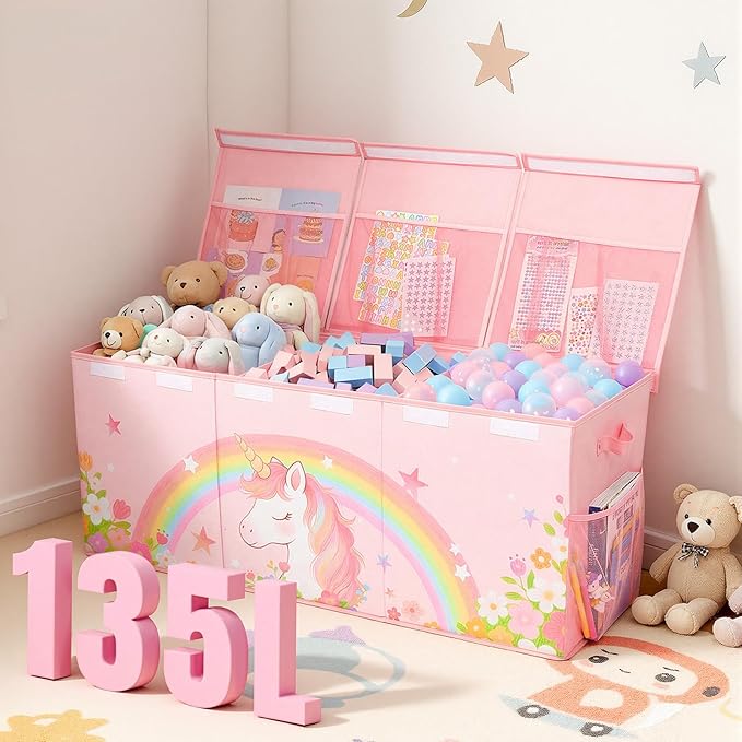 Unicorn Castle Toy Box with Adjustable Divider Toy Chest Storage Large Toy Storage Organizer Bin Collapsible with Lid Pockets for Nursery Playroom,Pink Unicorn