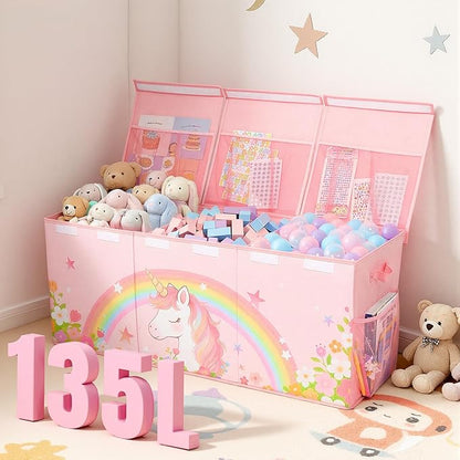 Unicorn Castle Toy Box with Adjustable Divider Toy Chest Storage Large Toy Storage Organizer Bin Collapsible with Lid Pockets for Nursery Playroom,Pink Unicorn