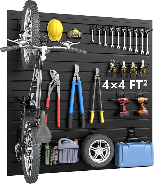 DoCred Slatwall Paneling Organizer, 4x4 FT PVC Garage Slat Wall Storage Systems, Heavy Duty Mounted Slat Peg Board for Tool Organization Ladder Bike Rack (Black)