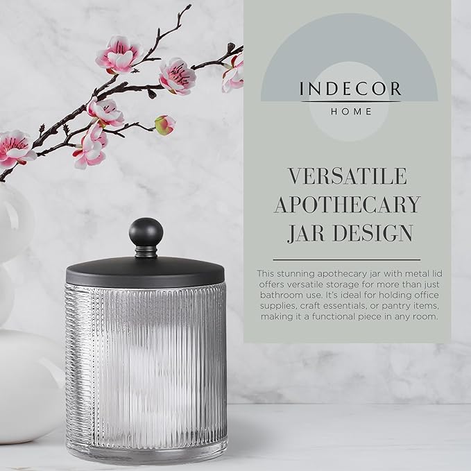 Indecor Home Gray Colored Tranlucent Apothecary Ribbed Geo Etched Glass Jar W/Matte Black Metal Lid Cover for Bathroom Organization, Cotton Balls, Q Tips, and Small Accessories, Bathroom Storage