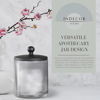 Indecor Home Gray Colored Tranlucent Apothecary Ribbed Geo Etched Glass Jar W/Matte Black Metal Lid Cover for Bathroom Organization, Cotton Balls, Q Tips, and Small Accessories, Bathroom Storage
