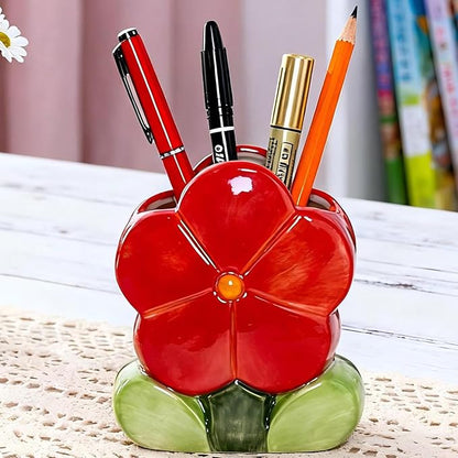 Red Makeup Brush Holder Pen Holder Office Desk Accessories Aesthetic Pencil Holders Cute Toothbrush Holders Flower Home Decor Vase Birthday Gifts for Women Vanity Kawaii Kitchen Utensil Holder