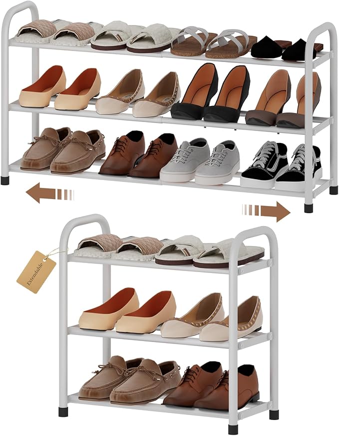 Expandable Shoe Rack, 3-Tier Metal Small Shoe Rack, Adjustable Shoes Organizer, Storage Shelf for Closet, Entryway, White