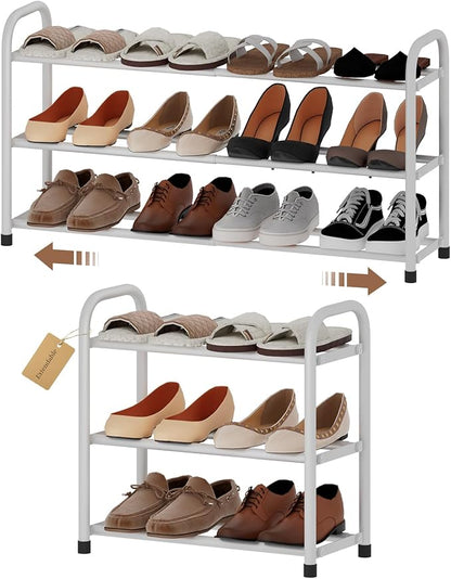 Expandable Shoe Rack, 3-Tier Metal Small Shoe Rack, Adjustable Shoes Organizer, Storage Shelf for Closet, Entryway, White