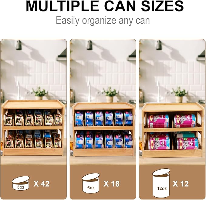 PLITTPETTS Bamboo Can Organizer for Pantry, 2 Tier Bamboo Pantry Organizer for Kitchen Counter, Cat Food Storage Holds Up to 36 Cans, Can Rack Organizer for Human and Pet Food Cans, FIFO Design