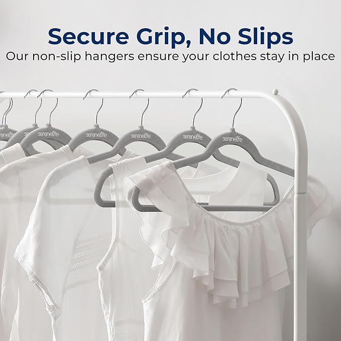 SereneLife 10-Pack Velvet Hangers – Non-Slip Clothes Hangers with Heavy Duty Design, Slim Space-Saving Coat Hangers with 360° Swivel Hook, Strong Lightweight Closet Organizer Set for Clothes (Grey)