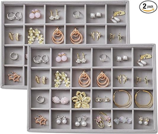 KATISYIO Large Velvet Jewelry Tray 2 Pack Stackable Jewelry Display Drawer Inserts Trays Organizer for Earring Bracelet Necklace Ring (Gray, 24 Grids)