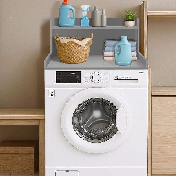 Royxen Washer Dryer Countertop with Shelf,2-Tier Laundry Countertop for Single Washer and Dryer,Soild Wood Core Washer Dryer Topper for Laundry Room Organization (Grey)