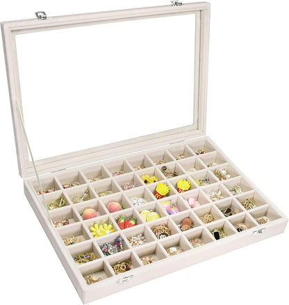 Velvet Jewelry Tray 48 Compartments Jewelry Display Organizer with Transparent Cover Rings, Earrings, Necklaces, Pendants Storage Box for Girls, Wives, Mothers, Women
