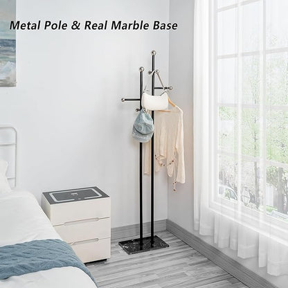 Coat Rack Freestanding with Marble Base, Heavy Duty Metal Clothes Rack, Corner Coat Tree Hat Rack for Entryway Bedroom Living Room Hotel 14.96 x 10.24 x 68.9 Inches (Black)