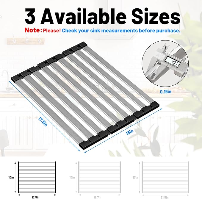 TIKNIK 17.5" X 13" Roll Up Dish Drying Rack, 304 Stainless Steel Over Sink Dish Drying Rack, Foldable Heat-Resistant Dishes Drainer for Kitchen and RV Sink Counter, Black