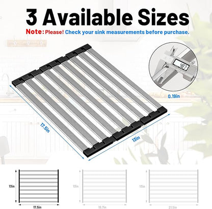 TIKNIK 17.5" X 13" Roll Up Dish Drying Rack, 304 Stainless Steel Over Sink Dish Drying Rack, Foldable Heat-Resistant Dishes Drainer for Kitchen and RV Sink Counter, Black
