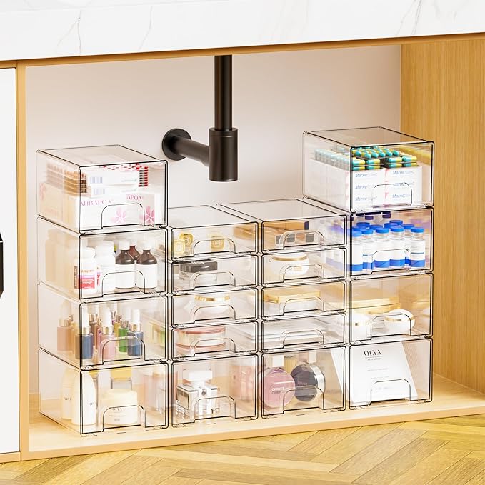 Yieach 2 Pack Clear Stackable Storage Drawers,4.4'' Tall Acrylic Drawer Containers for Organizing,Bathroom Organizers and Storage Bin Box,Plastic Makeup,Medicine Organizer Bins for Cabinet,Undersink
