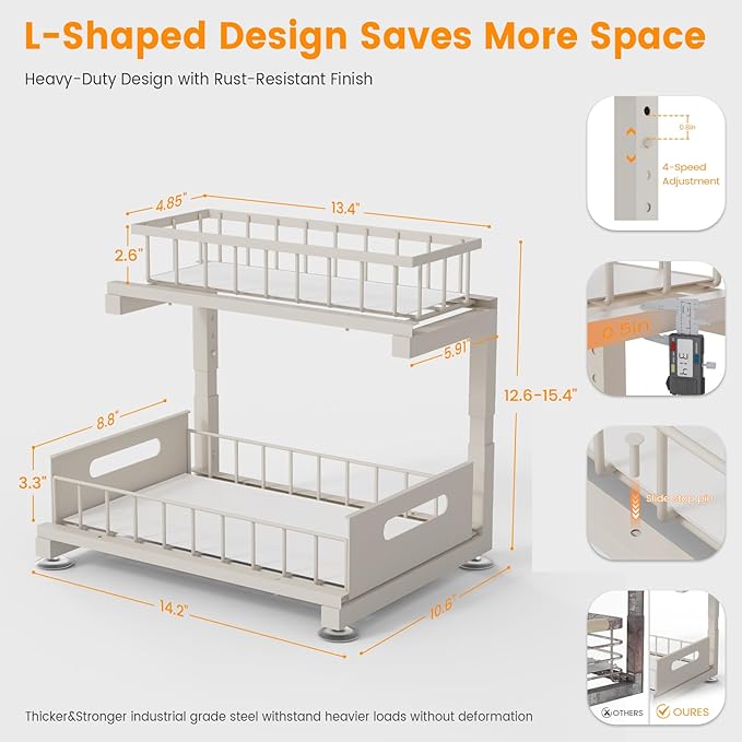 Toyear Under Sink Organizer, Heavy Duty Metal Pull Out Cabinet Organizer Slide Out Sink Shelf Organizer Height Adjustable, Multi-Purpose Storage Shelf for Kitchen Bathroom(Sand,2Pack)