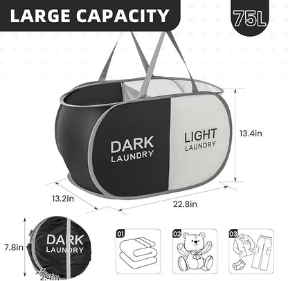 Collapsible Laundry Basket Durable Pop Up Hamper with 2 Compartments for Sort and Storage, Portable Dirty Clothes Hamper for Dorm, Laundry Room or Travel (Black + Begie)