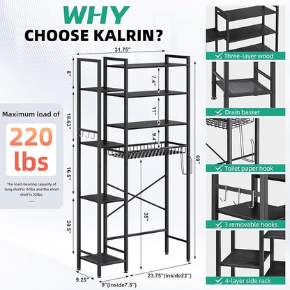 Kalrin 8-Tier Over The Toilet Storage with Side Rack, Over Toilet Storage Rack with Adjustable Shelf & Drain Basket, Freestanding Bathroom Organizer for Balcony, Laundry (Pure Black)